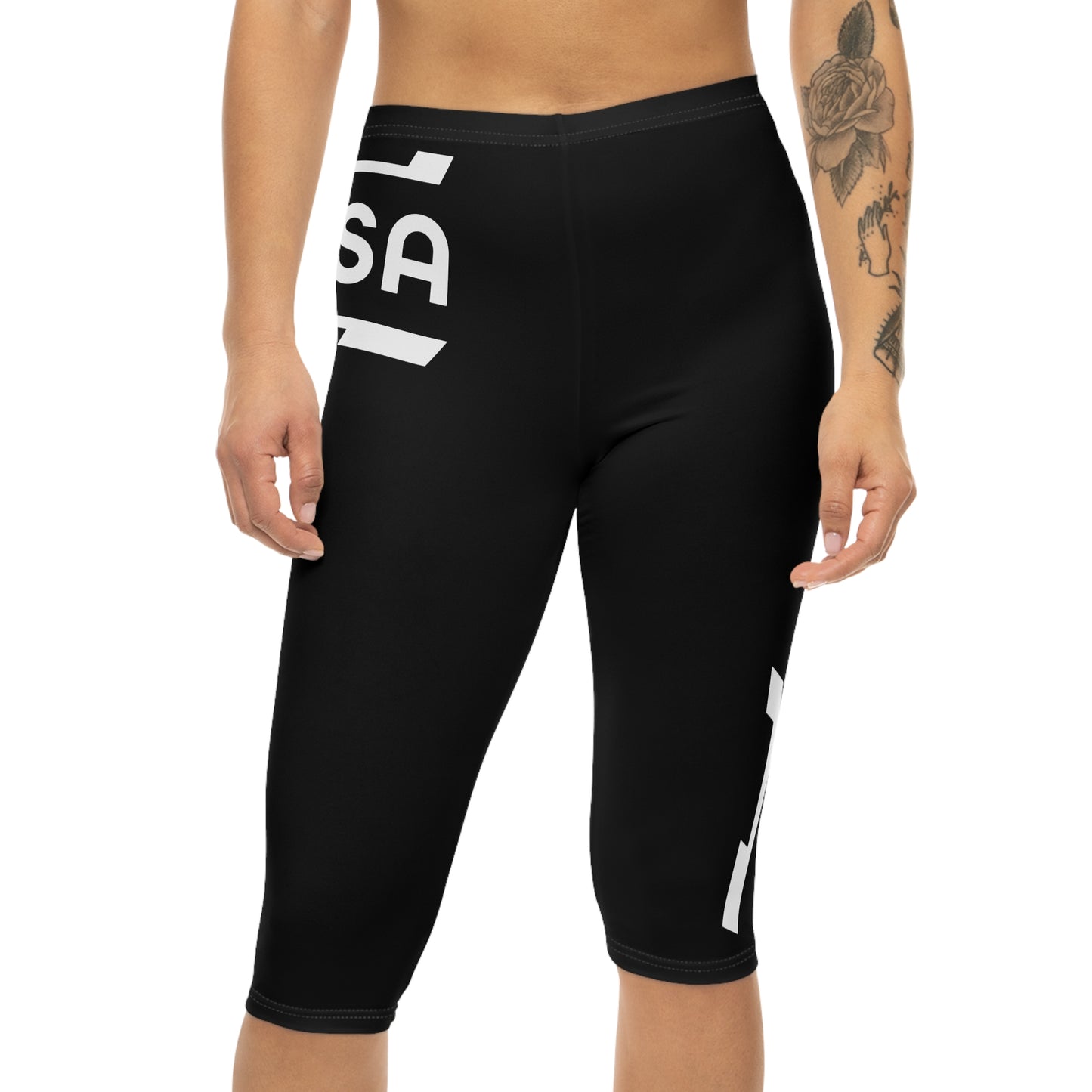 Stylish Black Capri Leggings with Bold Design – Perfect for Workout and Everyday Wear